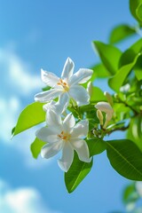 Wall Mural - A close-up of delicate jasmines against the blue sky and bright light. Petaled jasmine that exudes a gentle fragrance in a serene atmosphere.