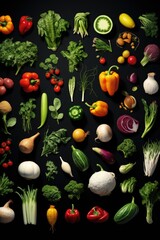 Poster - Various types of vegetables arranged on a dark background. Ideal for healthy eating concepts
