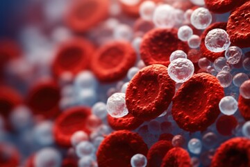 Poster - Image of red and white blood cells under a microscope. Suitable for medical and scientific purposes