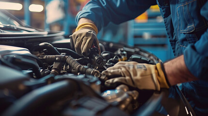 Hands of a mechanic wearing gloves working on a vehicle's engine, under the hood in an automotive workshop