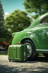 Poster - Green car parked next to a green suitcase, suitable for travel concepts