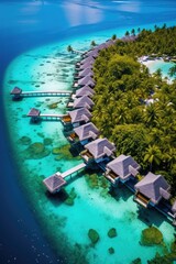 Poster - A stunning aerial view of a tropical island with overwater bungalows, perfect for travel brochures or vacation websites