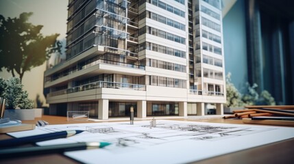 Aufkleber - A model of a building placed on top of a table. Ideal for architectural design concepts