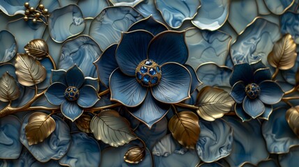  a close up of a blue and gold flower on a blue and gold plate with gold leaves and a diamond in the center.