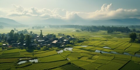 Poster - A scenic aerial view of a village nestled in the middle of a lush rice field. Perfect for agricultural or rural concepts