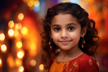 Adorable little girl dressed in a red and gold outfit, perfect for festive occasions