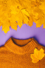 Wall Mural - Autumn concept, flat lay - brown knitted sweater and yellow autumn maple leaves on lilac paper, close-up