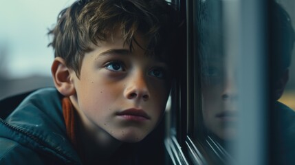 Aufkleber - A young boy gazing out of a window. Suitable for various concepts
