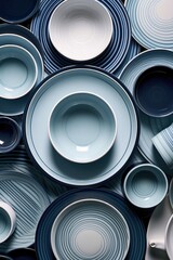 Poster - A collection of blue and white ceramic plates and bowls. Perfect for kitchen or dining related designs