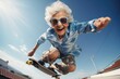 Elderly woman riding skateboard down ramp, suitable for active lifestyle concepts