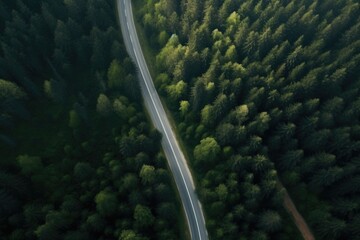 Poster - An aerial view of a road in the middle of a forest. Perfect for travel or nature concepts