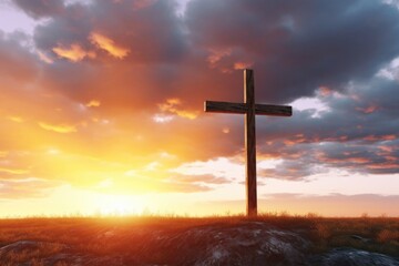 Poster - A cross standing on a hill with a beautiful sunset in the background. Suitable for religious themes or spiritual concepts