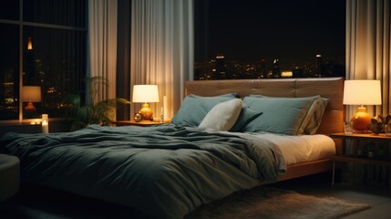 Aufkleber - A cozy bedroom with a view of the night sky. Perfect for interior design projects