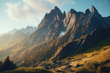 Aufkleber - A scenic mountain range with a trail in the foreground. Suitable for outdoor and hiking themes