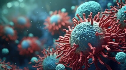 Poster - Detailed view of red and blue viruses, suitable for medical concepts