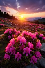 Poster - A beautiful field of pink flowers with the sun setting in the background. Perfect for nature and landscape designs