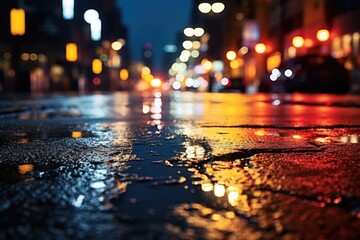 Poster - A city street at night with wet pavement reflecting lights. Suitable for urban backgrounds
