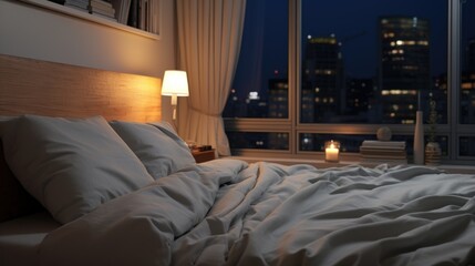 Poster - A bed in a bedroom overlooking a city at night. Perfect for interior design concepts