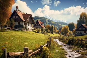 Poster - A tranquil scene of a small stream running through a vibrant green field. Suitable for nature and landscape themes