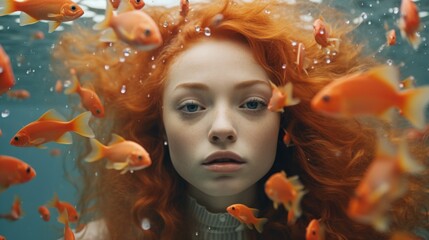 Poster - Woman with red hair surrounded by goldfish. Ideal for aquatic themed designs