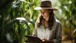 Young woman farmer using digital tablet in corn field. Selective focus.
