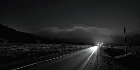 Poster - A black and white photo of a road at night. Suitable for transportation themes