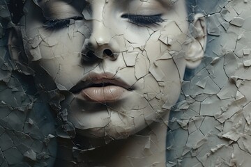 Poster - Close up of a woman's face with cracked paint. Suitable for artistic projects