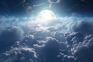 Wall Mural - A stunning view of a full moon shining above the clouds. Perfect for night sky or weather-related concepts