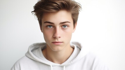 Aufkleber - A young man wearing a white hoodie stares directly at the camera. Suitable for various projects