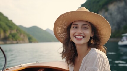 A woman wearing a hat on a boat. Perfect for travel brochures