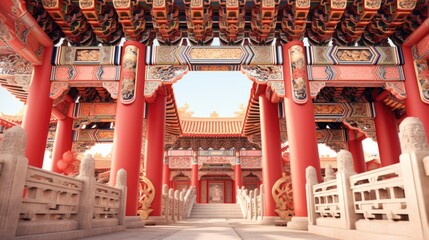Poster - A large red building with many pillars and arches, suitable for architectural projects