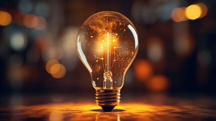 Poster - A glowing light bulb resting on a table, suitable for various concepts and designs