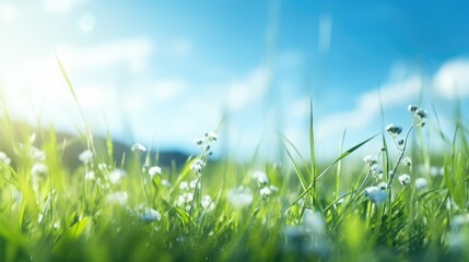 Poster - A field of grass with white flowers in the foreground. Suitable for nature and spring-themed designs