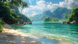 Serene beach landscape with crystal clear turquoise waters surrounded by dramatic green cliffs