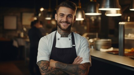 Wall Mural - A man standing with crossed arms in a kitchen. Suitable for lifestyle and cooking themes