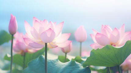 Poster - A field of pink flowers with green leaves. Suitable for nature and botanical themes