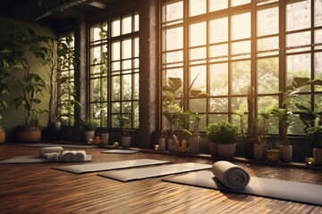 Poster - Interior of a yoga studio with colorful mats and green plants. Suitable for wellness and fitness concepts