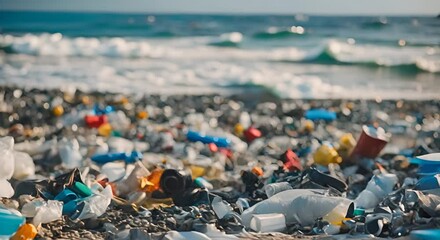 Sticker - Plastic garbage on the beach.