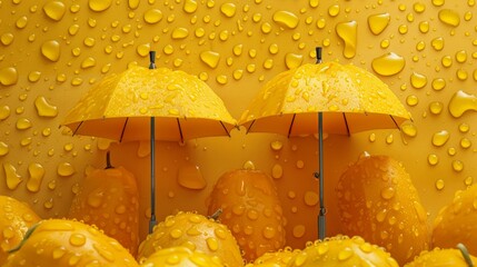 Poster -  two yellow umbrellas sitting next to each other in front of a yellow wall with drops of water on it.