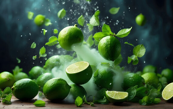 Fresh green limes and mint leaves burst and soar against a green backdrop, with steam and smoke trailing behind in a captivating display of food levitation