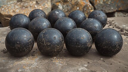 Sticker -  a pile of black eggs sitting on top of a stone floor next to a pile of rocks and a pile of dirt.