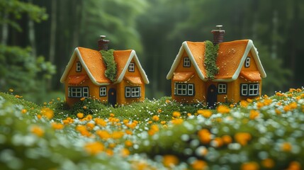 Canvas Print -  a couple of small houses sitting on top of a lush green field with orange flowers in front of a forest.