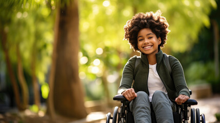 Canvas Print - Smiling young woman is sitting in a wheelchair in a park with autumn leaves in the background