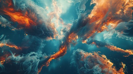 Wall Mural -  a group of orange and white clouds floating in the air with a bright blue sky in the middle of the picture.