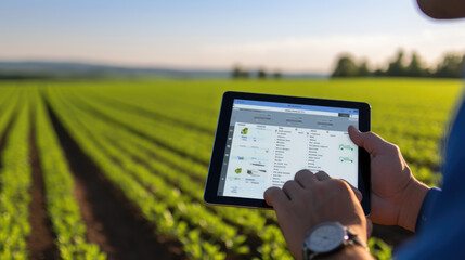 Sticker - Farmer holding a tablet with a blank screen in front of a field of green crops