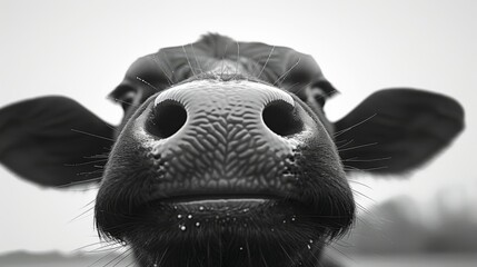 Wall Mural -  a black and white photo of a cow's face with it's nose covered in drops of water.