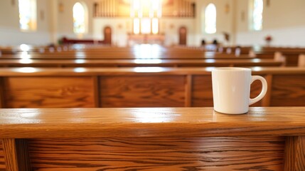  a white cup sitting on top of a wooden table in front of a row of pews in a church.