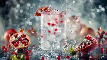 Poster -  a glass filled with ice and pomegranates next to a bunch of pomegranates.