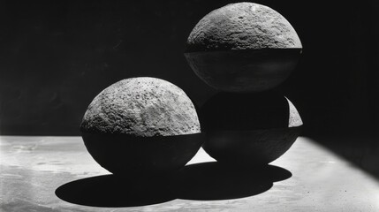  a black and white photo of two eggs on a table with a shadow cast on the top of the eggs.