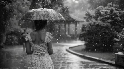  a black and white photo of a woman holding an umbrella in the rain with a house in the back ground.